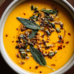 Creamy roasted pumpkin sage soup served with crispy sage and seeds