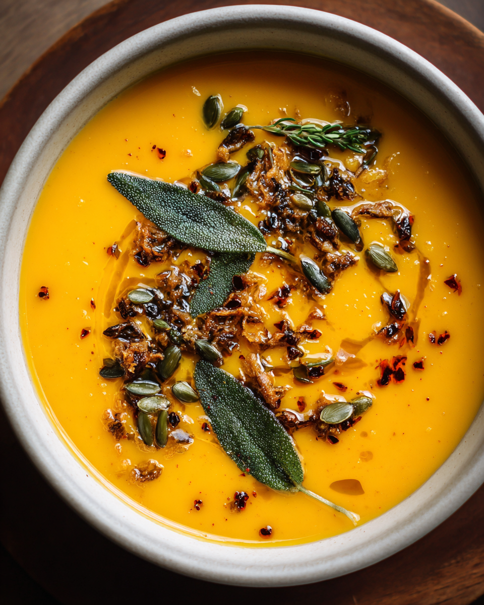 Creamy roasted pumpkin sage soup served with crispy sage and seeds