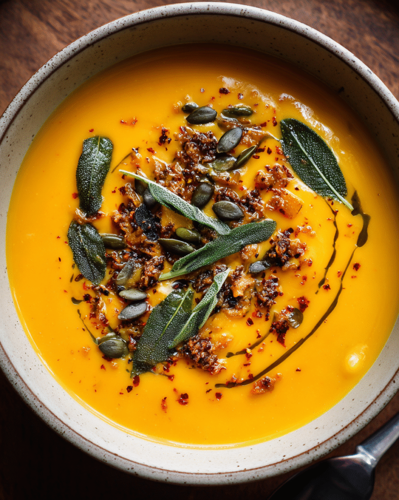 Creamy roasted pumpkin sage soup served with crispy sage and seeds