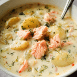 Creamy salmon chowder in a rustic bowl with potatoes and herbs