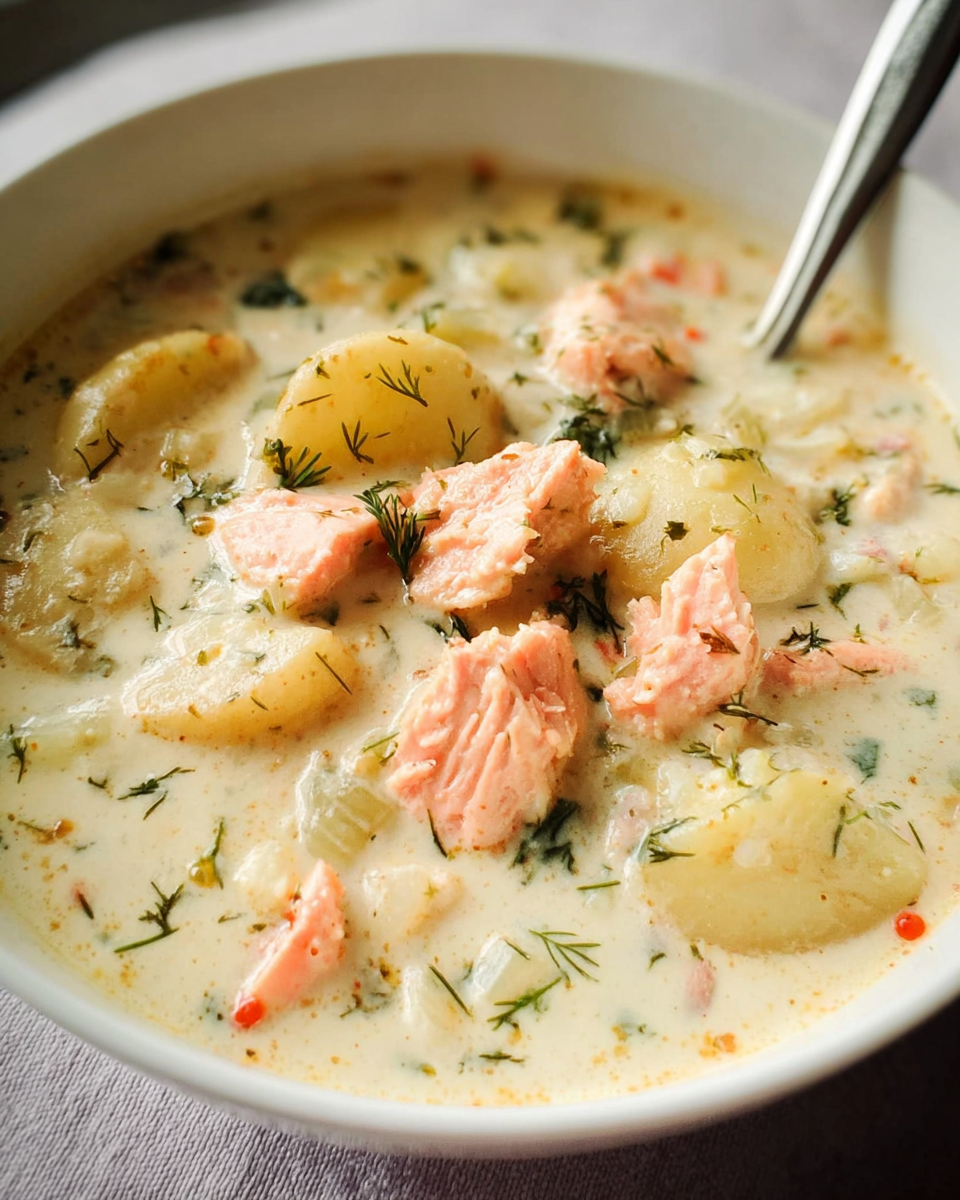 Creamy salmon chowder in a rustic bowl with potatoes and herbs
