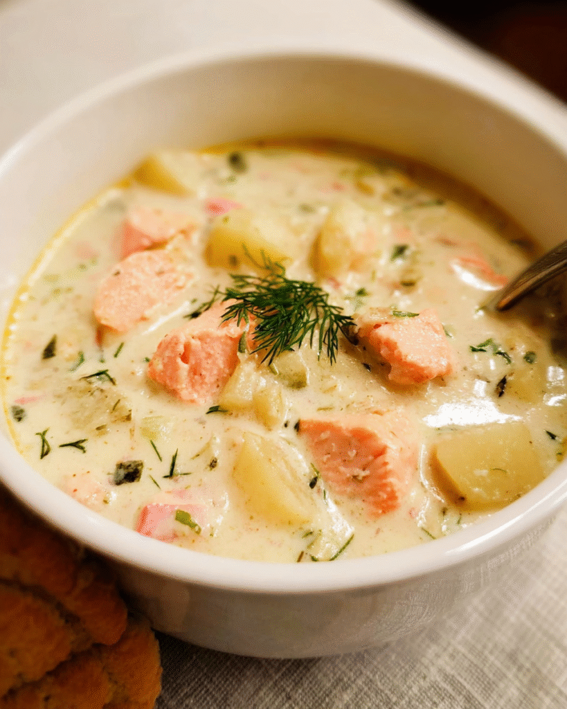 Creamy salmon chowder in a rustic bowl with potatoes and herbs