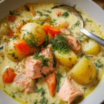 Creamy salmon soup with lemon and fresh dill