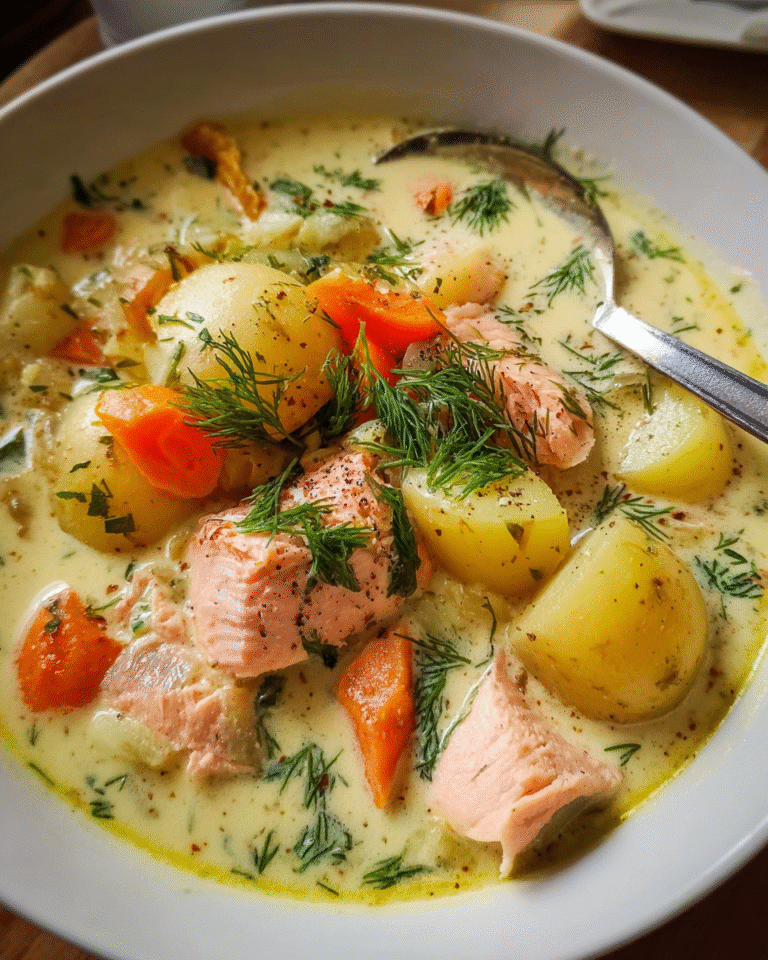 Creamy salmon soup with lemon and fresh dill