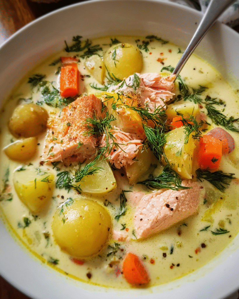 Creamy salmon soup with lemon and fresh dill