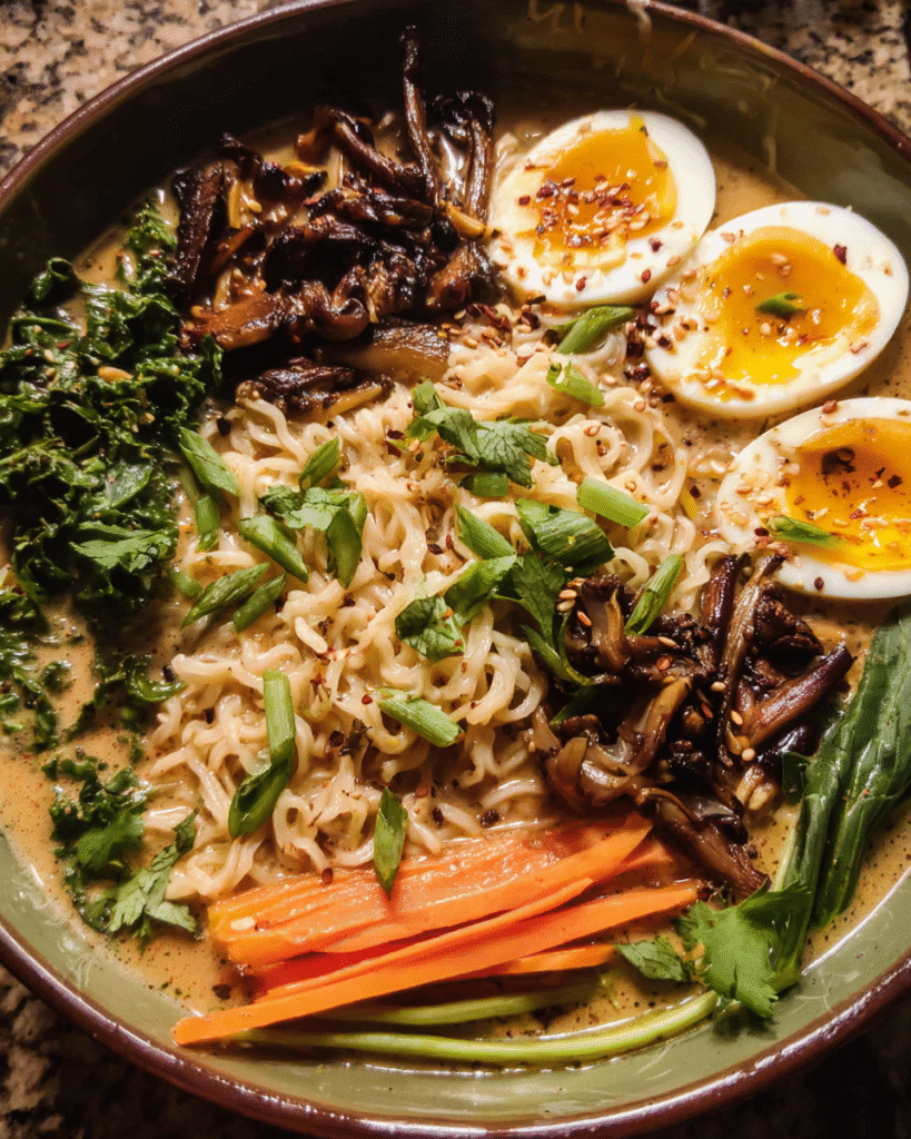 Creamy sesame miso ramen with mushrooms and eggs