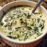 Creamy Spinach Artichoke Soup in a bowl with parmesan garnish