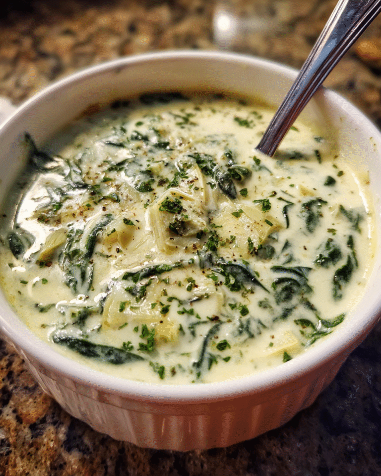 Creamy Spinach Artichoke Soup in a bowl with parmesan garnish