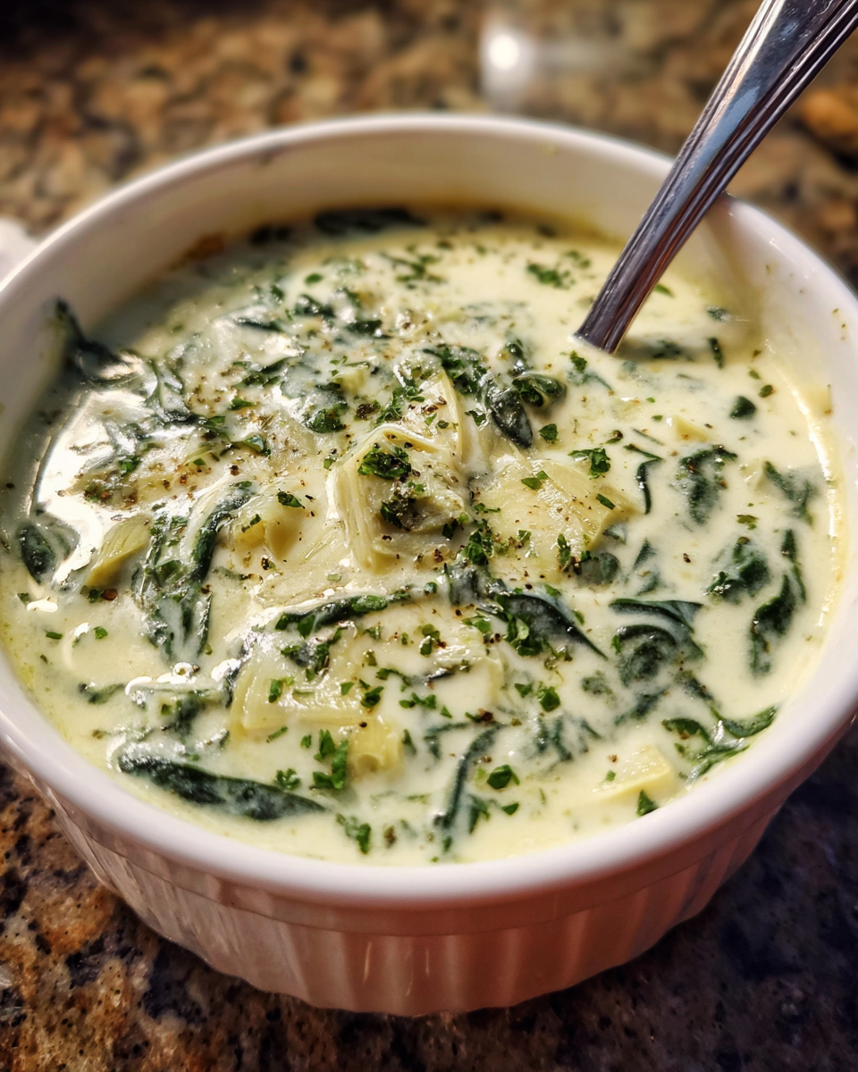 Creamy Spinach Artichoke Soup in a bowl with parmesan garnish
