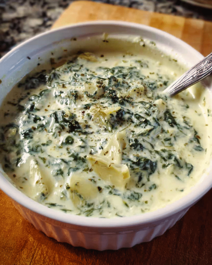 Creamy Spinach Artichoke Soup in a bowl with parmesan garnish