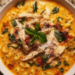 Creamy sun-dried tomato chicken soup in a bowl