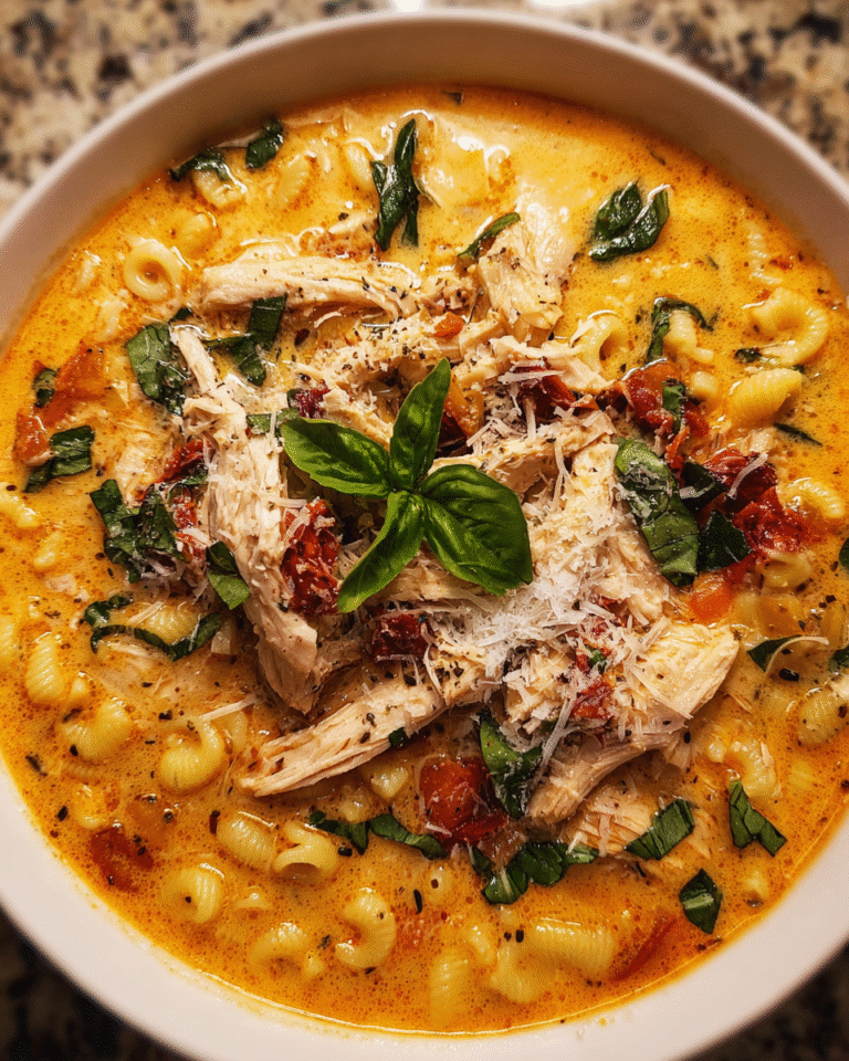 Creamy sun-dried tomato chicken soup in a bowl