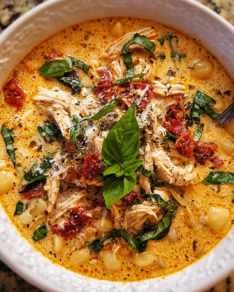 Creamy sun-dried tomato chicken soup in a bowl