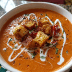 Creamy sun-dried tomato and basil soup in a bowl