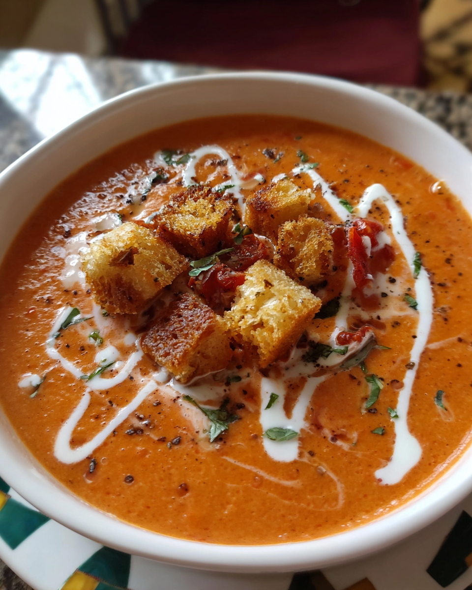Creamy sun-dried tomato and basil soup in a bowl