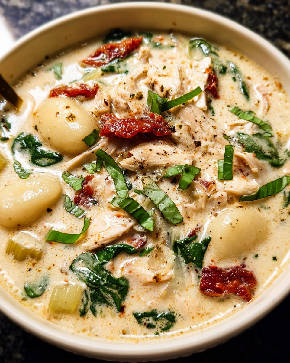 Creamy Tuscan Gnocchi Soup in a bowl with spinach and chicken