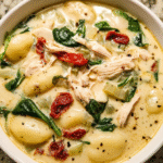 Creamy Tuscan Gnocchi Soup in a bowl with spinach and chicken