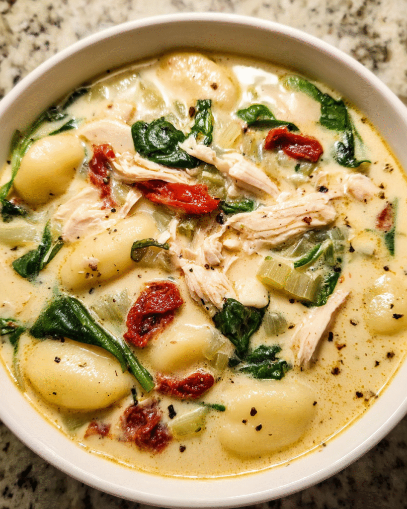 Creamy Tuscan Gnocchi Soup in a bowl with spinach and chicken