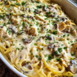 Easy Chicken Tetrazzini baked with mushrooms and mozzarella