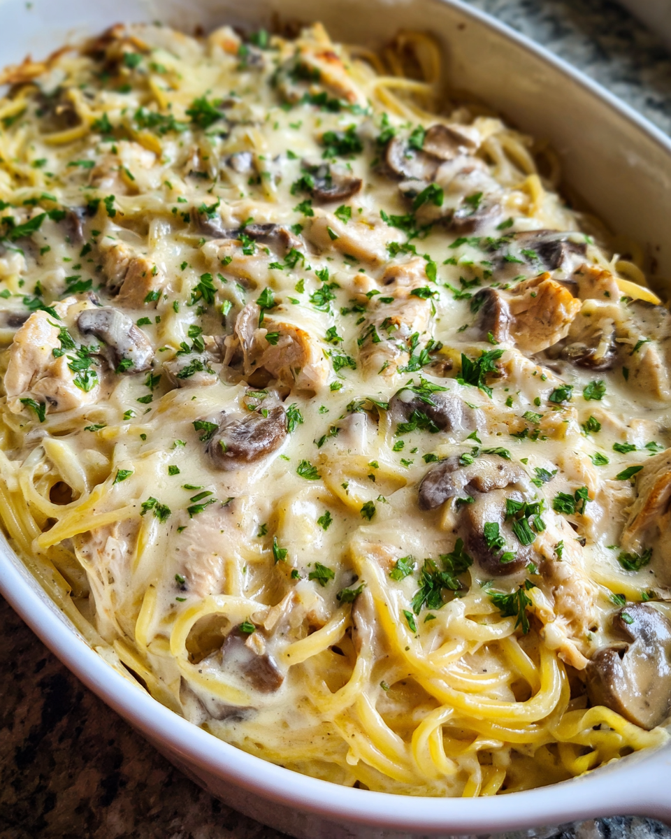 Easy Chicken Tetrazzini baked with mushrooms and mozzarella
