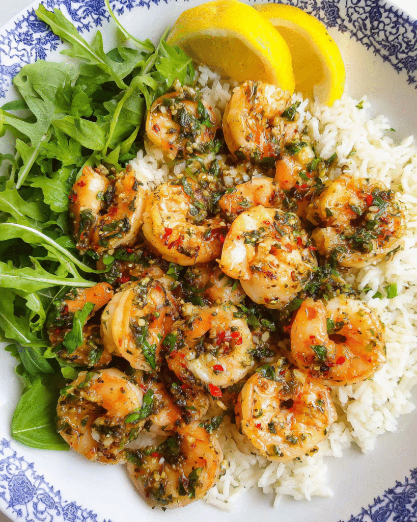 Easy lemon butter shrimp served over fluffy jasmine rice