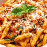 Easy one-pot tomato basil pasta with spinach and parmesan