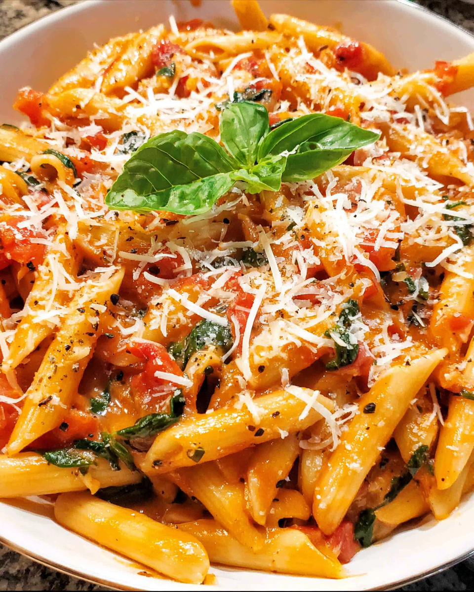Easy one-pot tomato basil pasta with spinach and parmesan