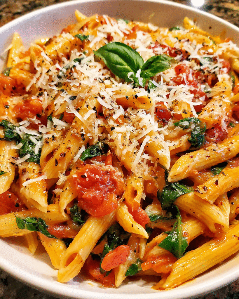 Easy one-pot tomato basil pasta with spinach and parmesan