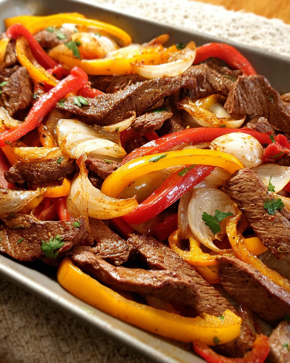 Easy Sheet-Pan Beef Fajitas with steak and peppers