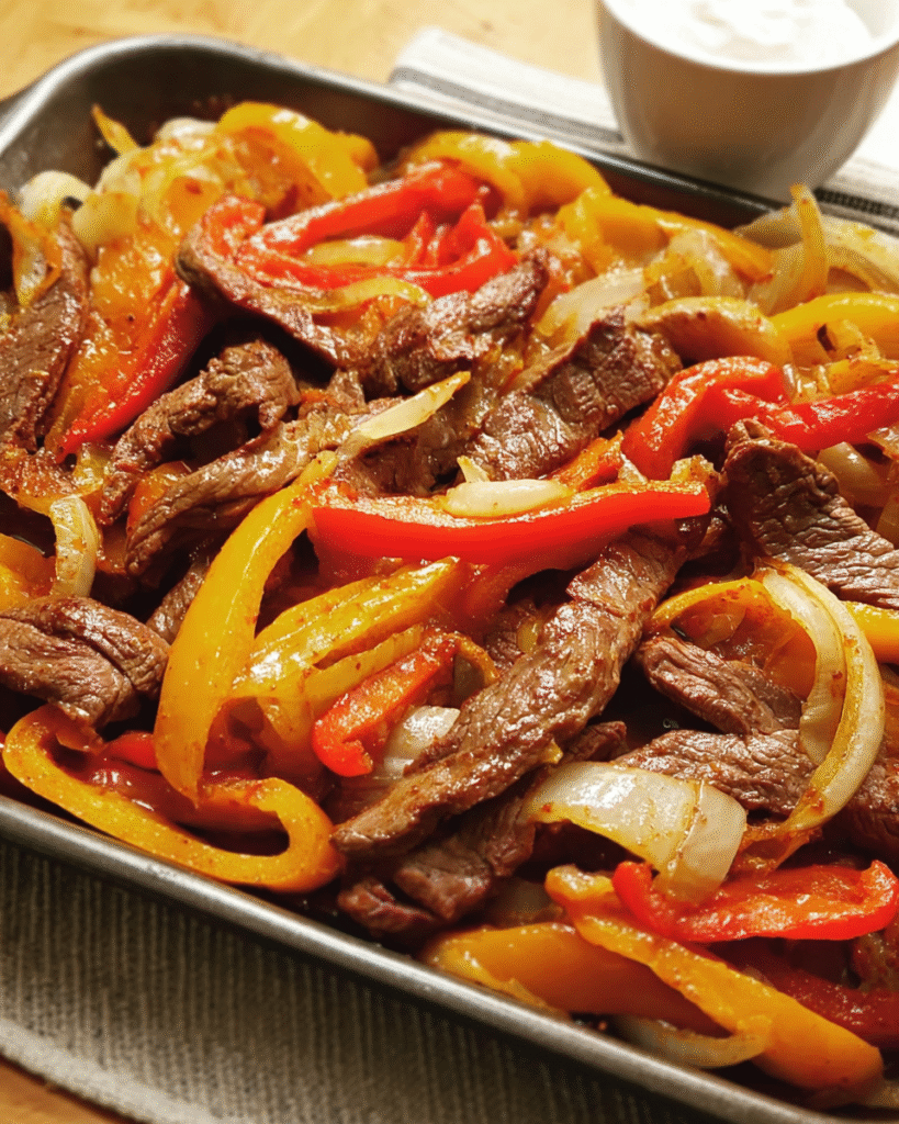 Easy Sheet-Pan Beef Fajitas with steak and peppers