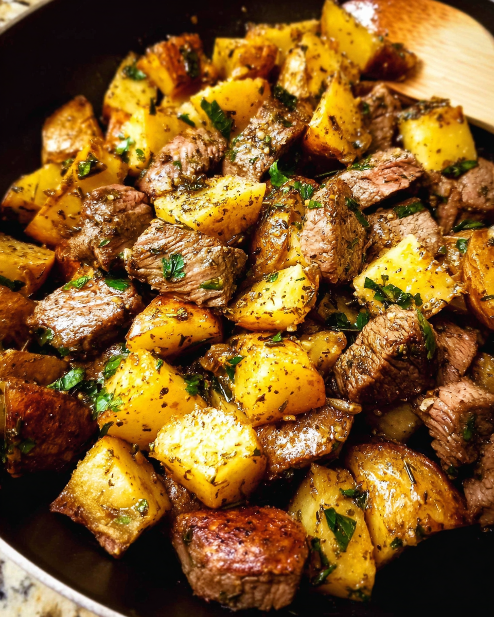 Garlic butter steak bites with potatoes in a cast iron skillet