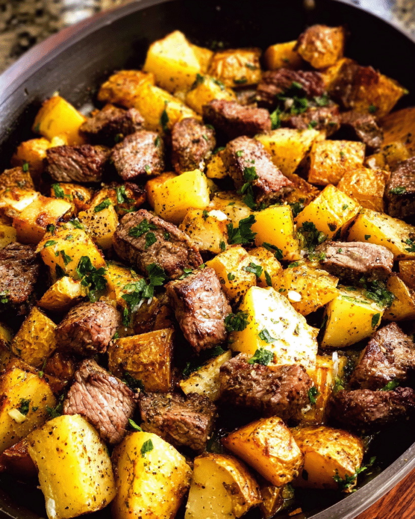 Garlic butter steak bites with potatoes in a cast iron skillet