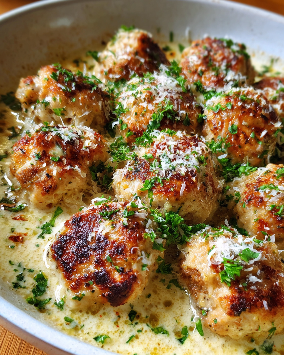 Garlic parmesan turkey meatballs in creamy skillet sauce