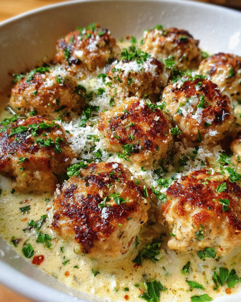 Garlic parmesan turkey meatballs in creamy skillet sauce