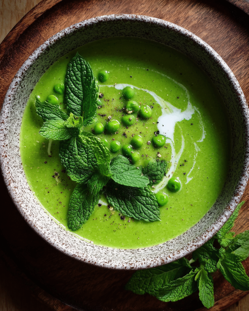 Ginger and Mint Broccoli Pea Soup served in a bowl