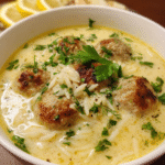 Bowl of Greek meatball soup with lemon broth