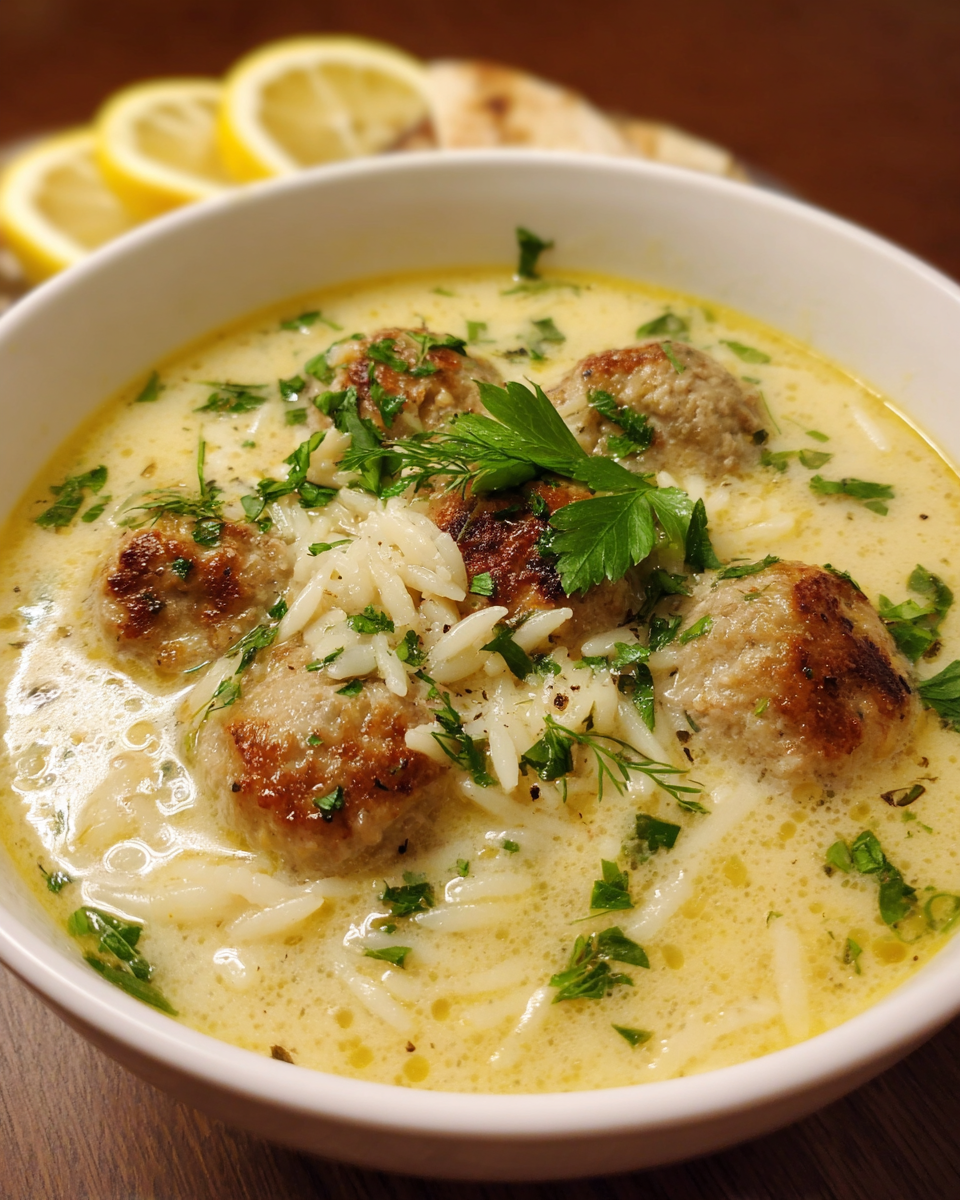 Bowl of Greek meatball soup with lemon broth