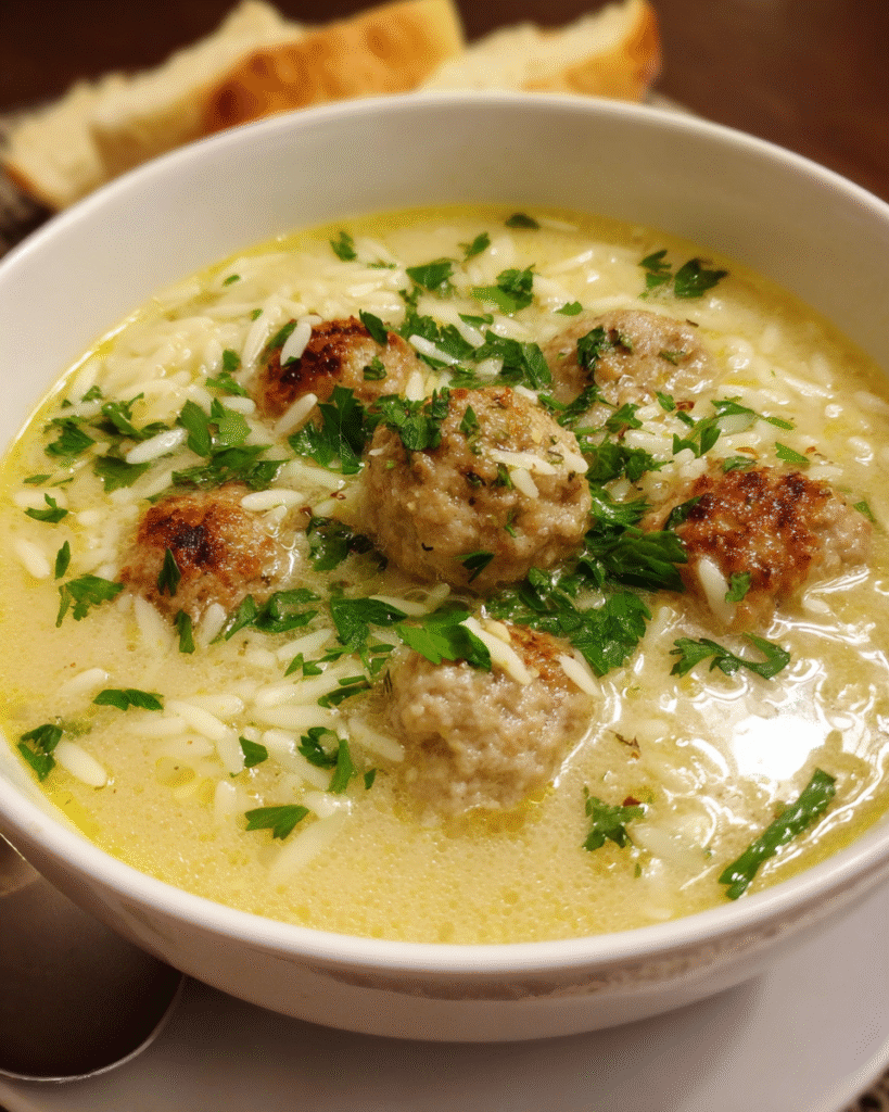 Bowl of Greek meatball soup with lemon broth