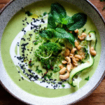 Creamy green vegetable soup with fresh herbs