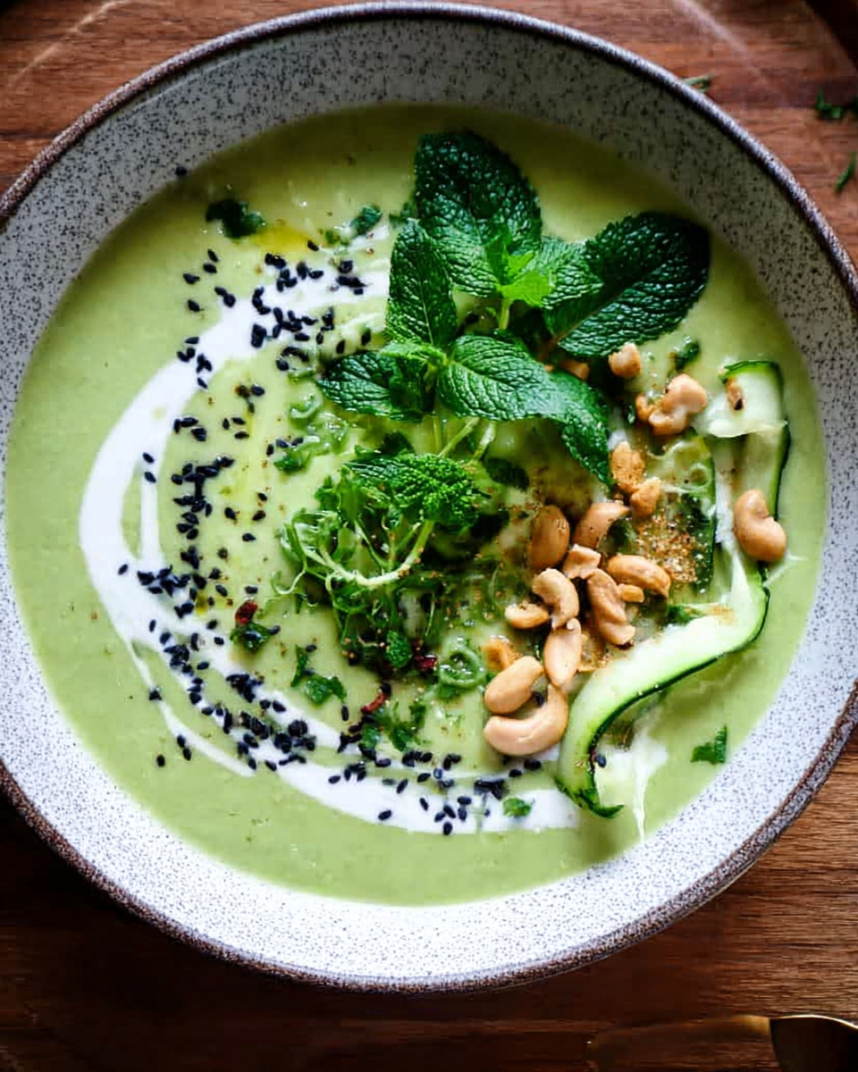 Creamy green vegetable soup with fresh herbs