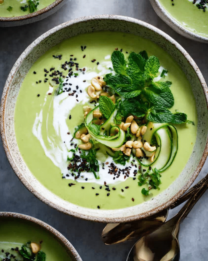 Creamy green vegetable soup with fresh herbs