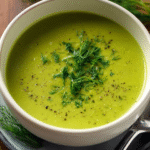 Green pea soup in a bowl with fresh dill garnish