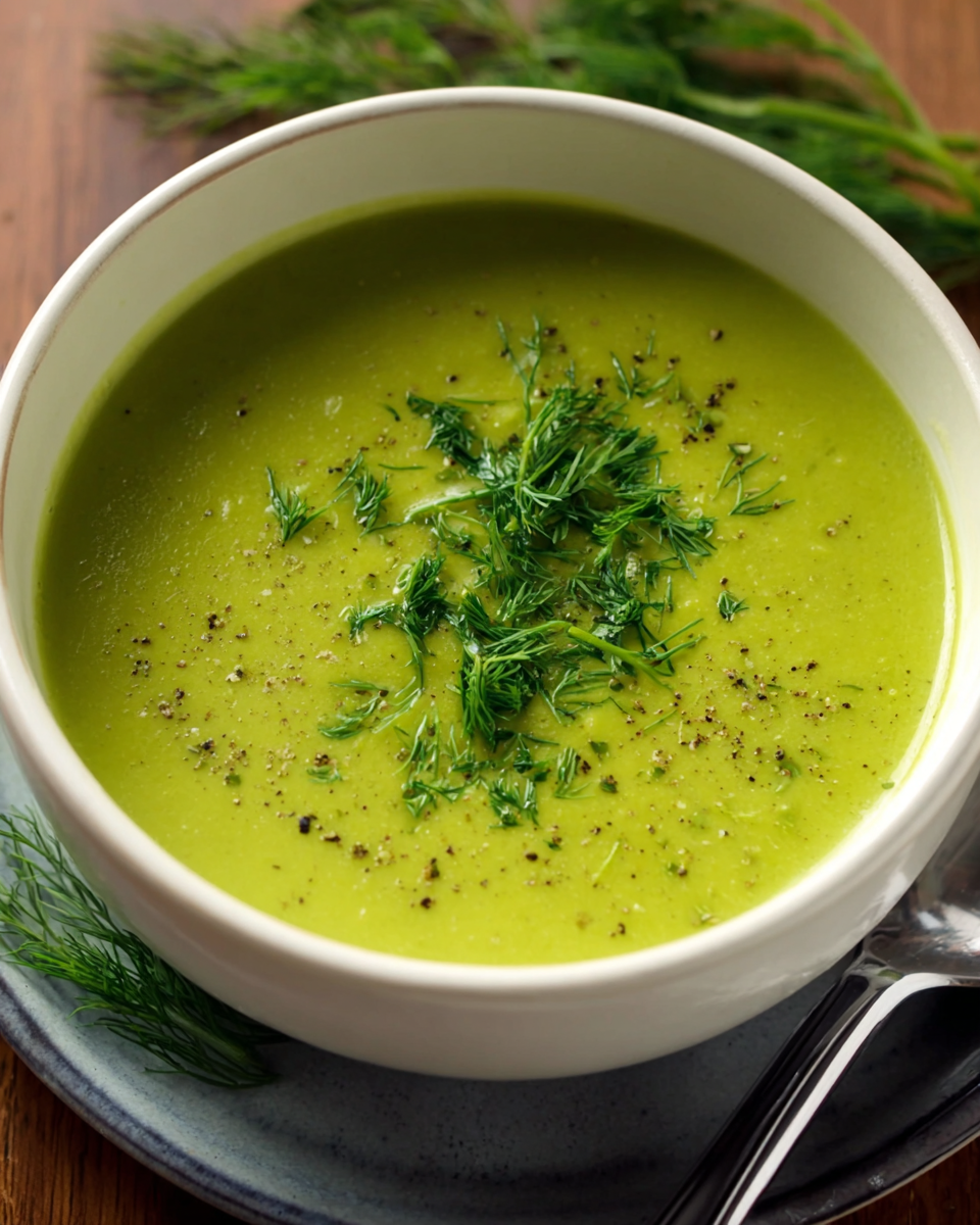 Green pea soup in a bowl with fresh dill garnish