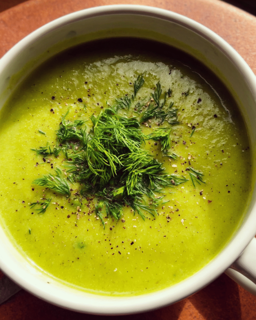 Green pea soup in a bowl with fresh dill garnish