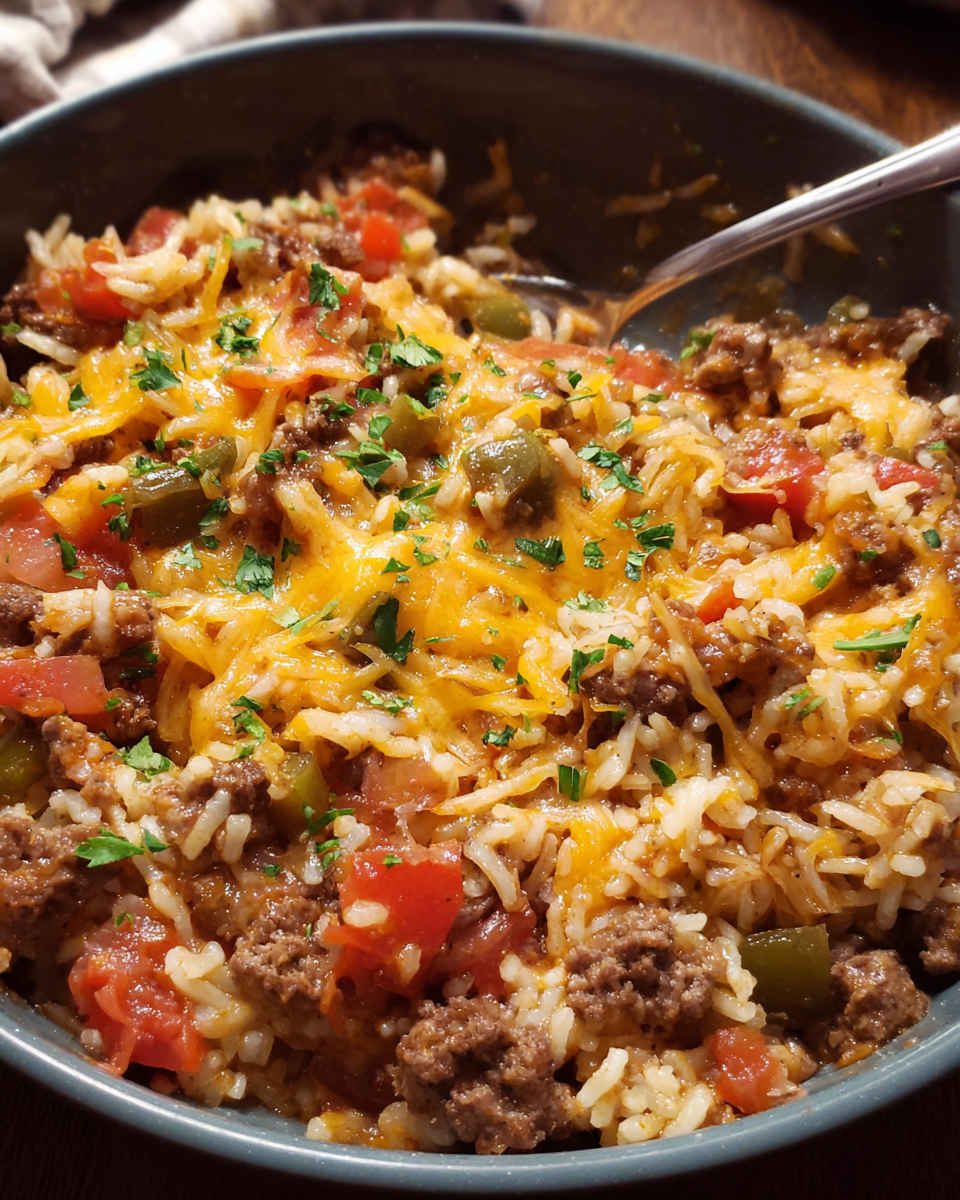Ground beef and rice skillet cooked in a pan