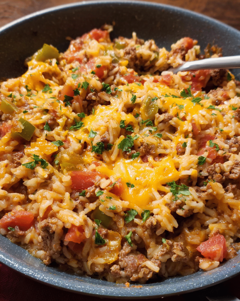 Ground beef and rice skillet cooked in a pan