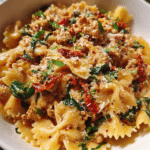 healthy creamy sun-dried tomato turkey pasta in skillet