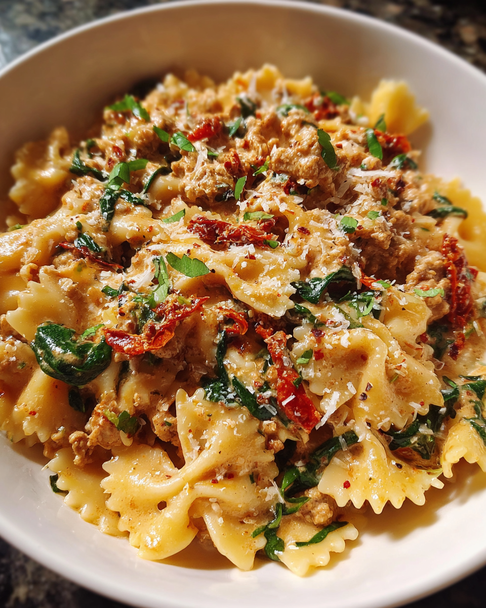 healthy creamy sun-dried tomato turkey pasta in skillet