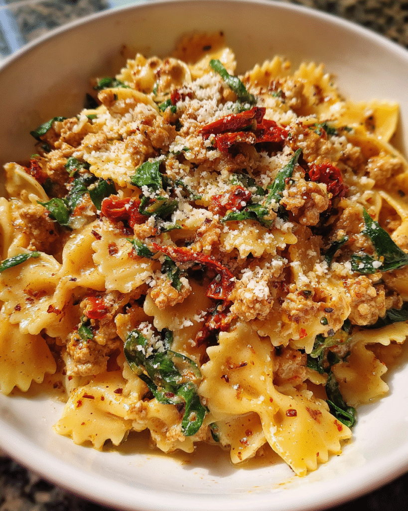 healthy creamy sun-dried tomato turkey pasta in skillet