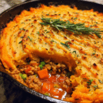 Healthy Shepherd’s Pie with Sweet Potato in skillet